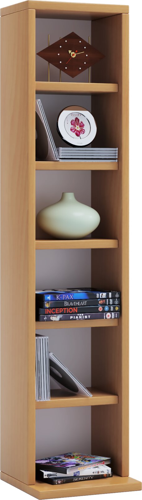Schmales, hohes Regal aus hellem Holz mit mehreren Ablageböden, dekoriert mit Uhr, Büchern, DVDs und Vase, in frontaler Ansicht.