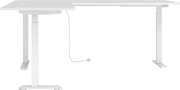 Weißer Eckschreibtisch mit höhenverstellbaren Beinen, seitliche Perspektive