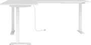 Weißer Eckschreibtisch mit höhenverstellbaren Beinen, seitliche Perspektive