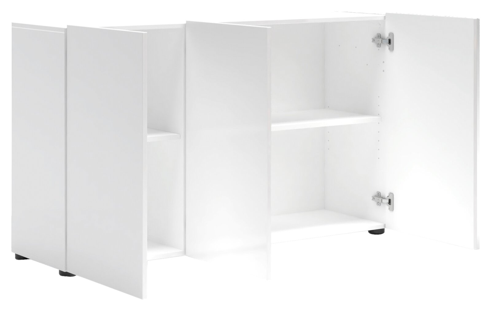 Weiße Kommode mit zwei offenen Türen, die von vorne leicht schräg fotografiert wurde, zeigt Innenregale.