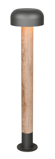 LED-Wegeleuchte mit modernem Design, Holzoptik und schwarzem Metall, frontal betrachtet.
