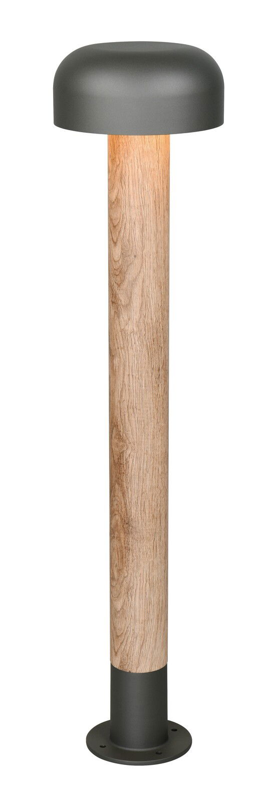 LED-Wegeleuchte mit modernem Design, Holzoptik und schwarzem Metall, frontal betrachtet.