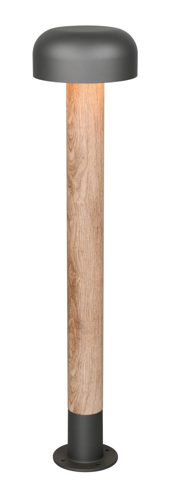 LED-Wegeleuchte mit modernem Design, Holzoptik und schwarzem Metall, frontal betrachtet.
