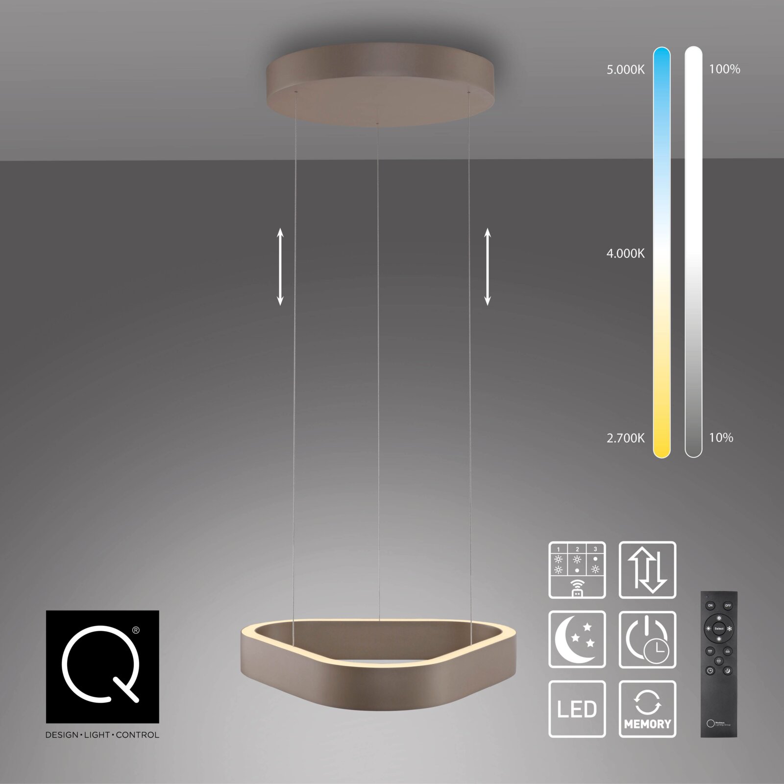 Moderne LED-Pendelleuchte mit ovalem Ring in Beige, höhenverstellbar an vier Seilabhängungen, mit Fernbedienung sowie CCT-Dimmung (2700–5000 K), Frontansicht leicht von unten vor grauem Hintergrund
