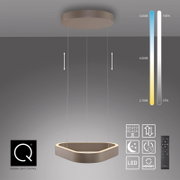 Moderne LED-Pendelleuchte mit ovalem Ring in Beige, höhenverstellbar an vier Seilabhängungen, mit Fernbedienung sowie CCT-Dimmung (2700–5000 K), Frontansicht leicht von unten vor grauem Hintergrund