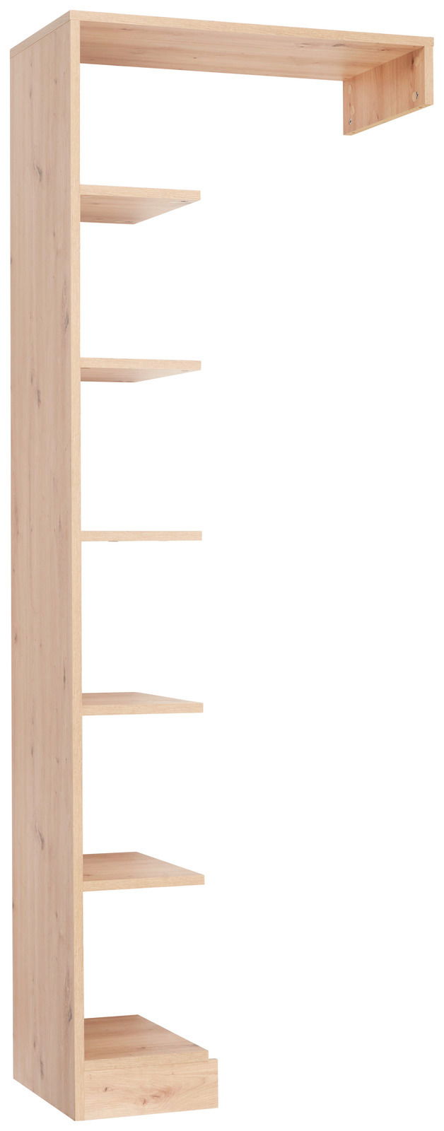 Holzanstellregal mit fünf offenen Regalböden, seitliche Perspektive