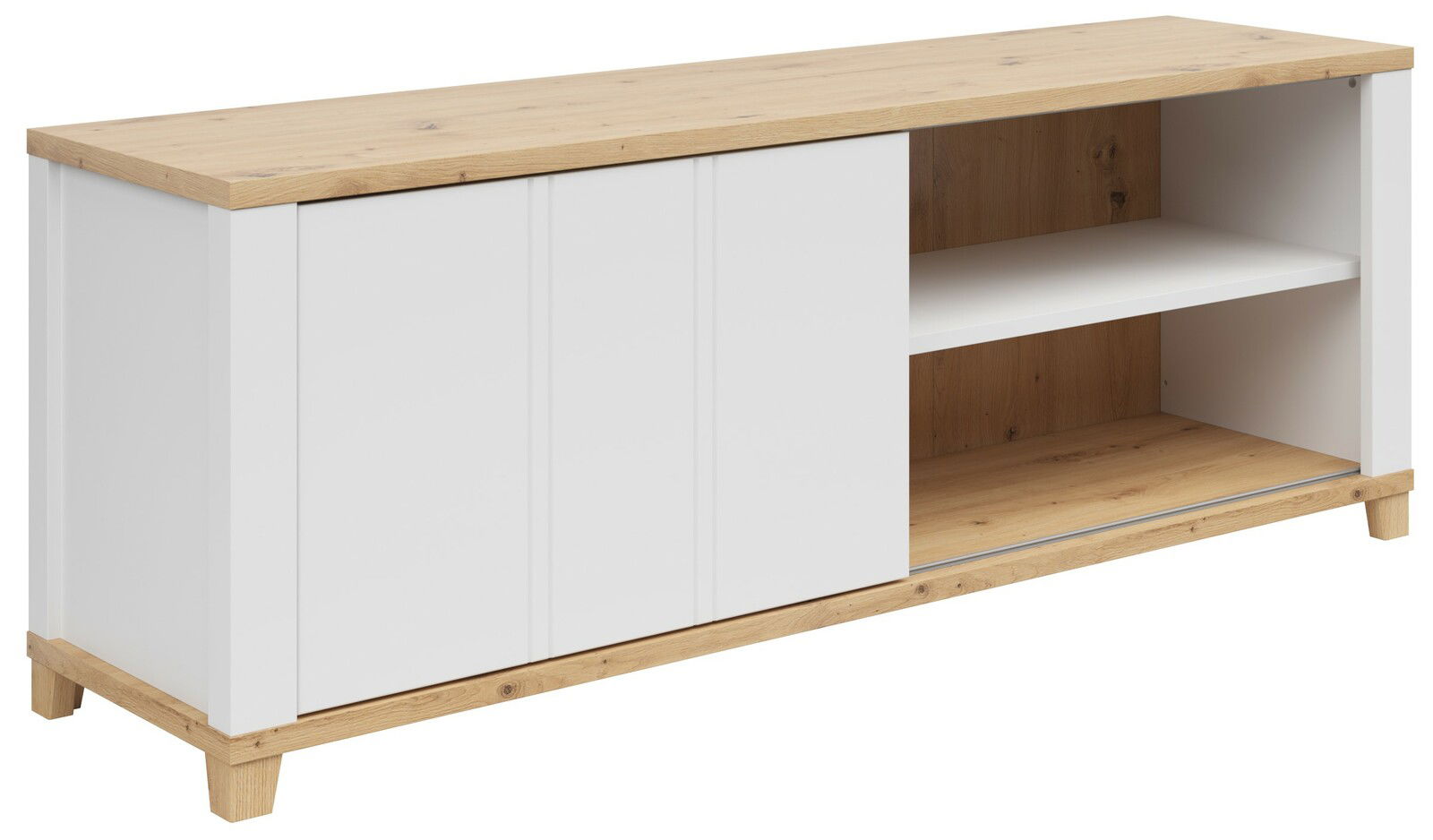 Weiße Kommode mit einer Tür und offenen Regalfächern, Holzoptik, seitliche Perspektive