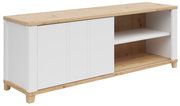 Weiße Kommode mit einer Tür und offenen Regalfächern, Holzoptik, seitliche Perspektive