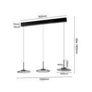 LED-Hängeleuchte mit drei runden Leuchtelementen, seitliche Perspektive, maximale Höhe 1800mm, Breite 1050mm