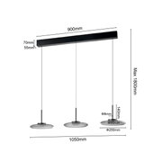 LED-Hängeleuchte mit drei runden Leuchtelementen, seitliche Perspektive, maximale Höhe 1800mm, Breite 1050mm