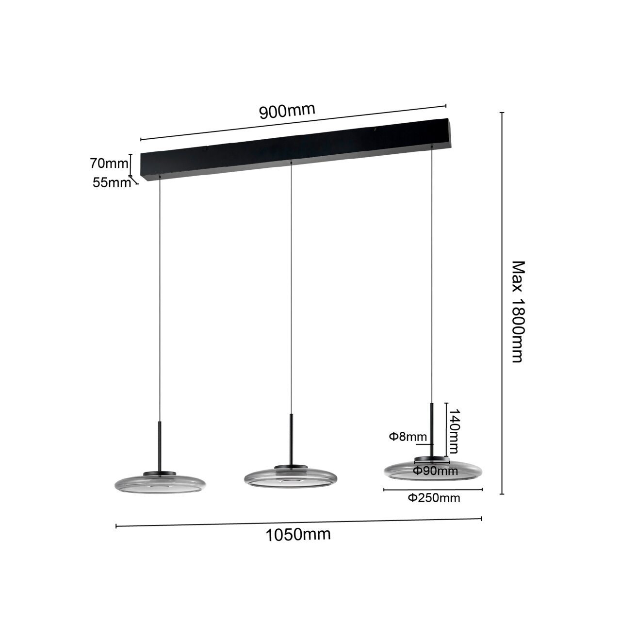 LED-Hängeleuchte mit drei runden Leuchtelementen, seitliche Perspektive, maximale Höhe 1800mm, Breite 1050mm