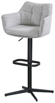 Grauer Barhocker mit gepolsterter Rückenlehne und Armlehnen, schwarzem Metallgestell und Fußstütze, seitliche Perspektive