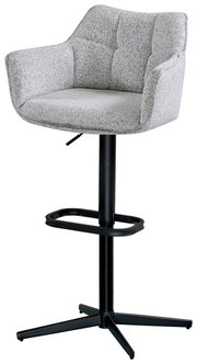 Grauer Barhocker mit gepolsterter Rückenlehne und Armlehnen, schwarzem Metallgestell und Fußstütze, seitliche Perspektive
