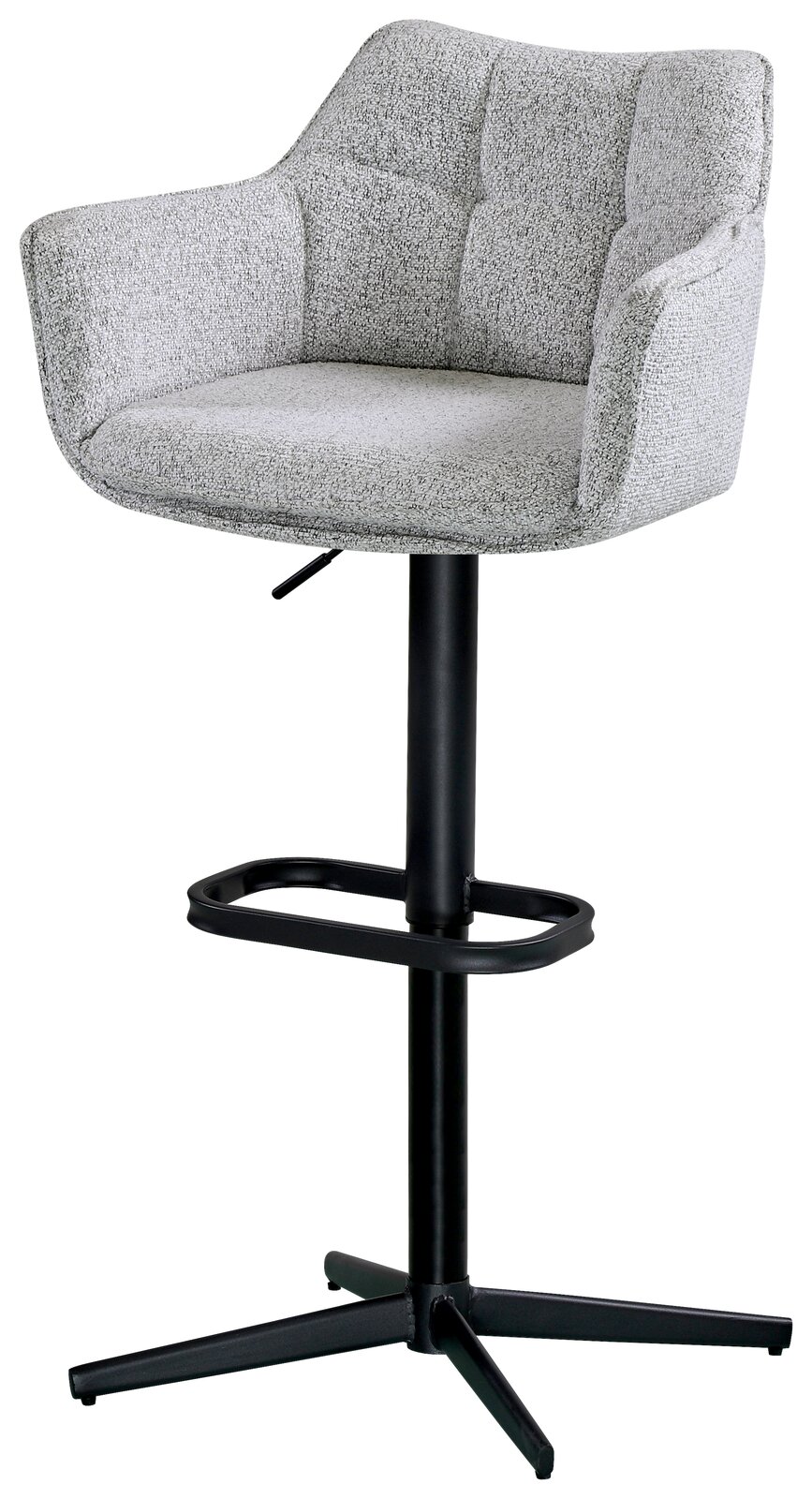 Grauer Barhocker mit gepolsterter Rückenlehne und Armlehnen, schwarzem Metallgestell und Fußstütze, seitliche Perspektive