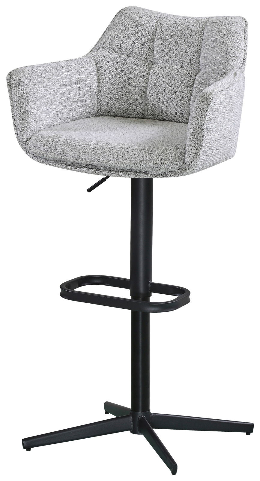 Grauer Barhocker mit gepolsterter Rückenlehne und Armlehnen, schwarzem Metallgestell und Fußstütze, seitliche Perspektive