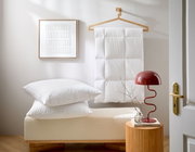 Ein stilvoll eingerichtetes Zimmer mit einem weißen 3-Kammer Kopfkissen und einer Daunendecke, die auf einem Kleiderbügel hängt. Im Vordergrund steht eine rote Lampe auf einem kleinen Tisch. Perspektive: seitlich.