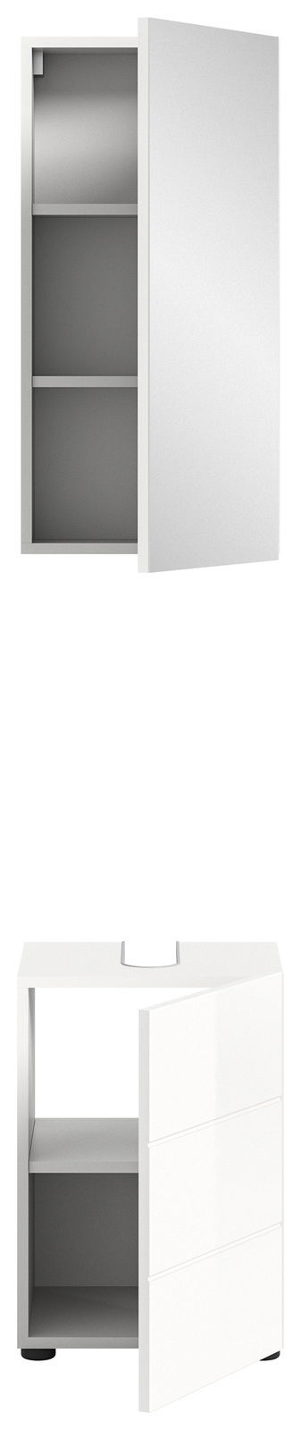 Badezimmerschrank-Kombination in Weiß, bestehend aus einem Hängeschrank mit Spiegel und einem Unterschrank mit offener Tür, frontal betrachtet.
