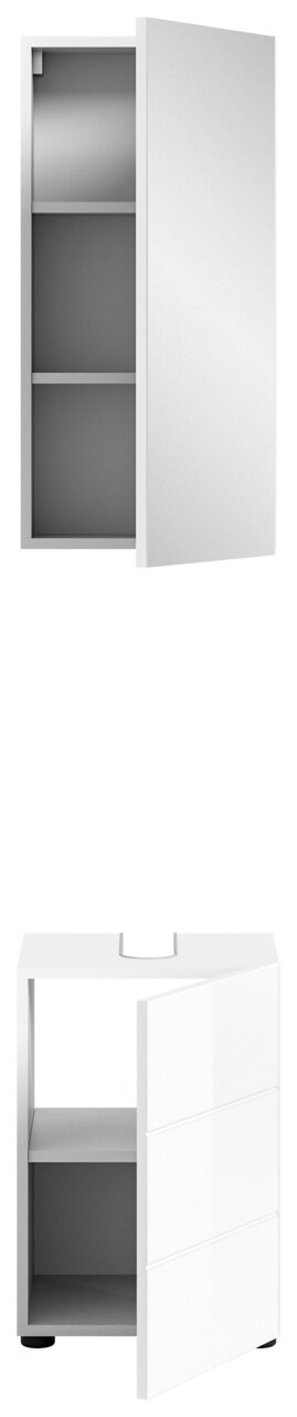 Badezimmerschrank-Kombination in Weiß, bestehend aus einem Hängeschrank mit Spiegel und einem Unterschrank mit offener Tür, frontal betrachtet.