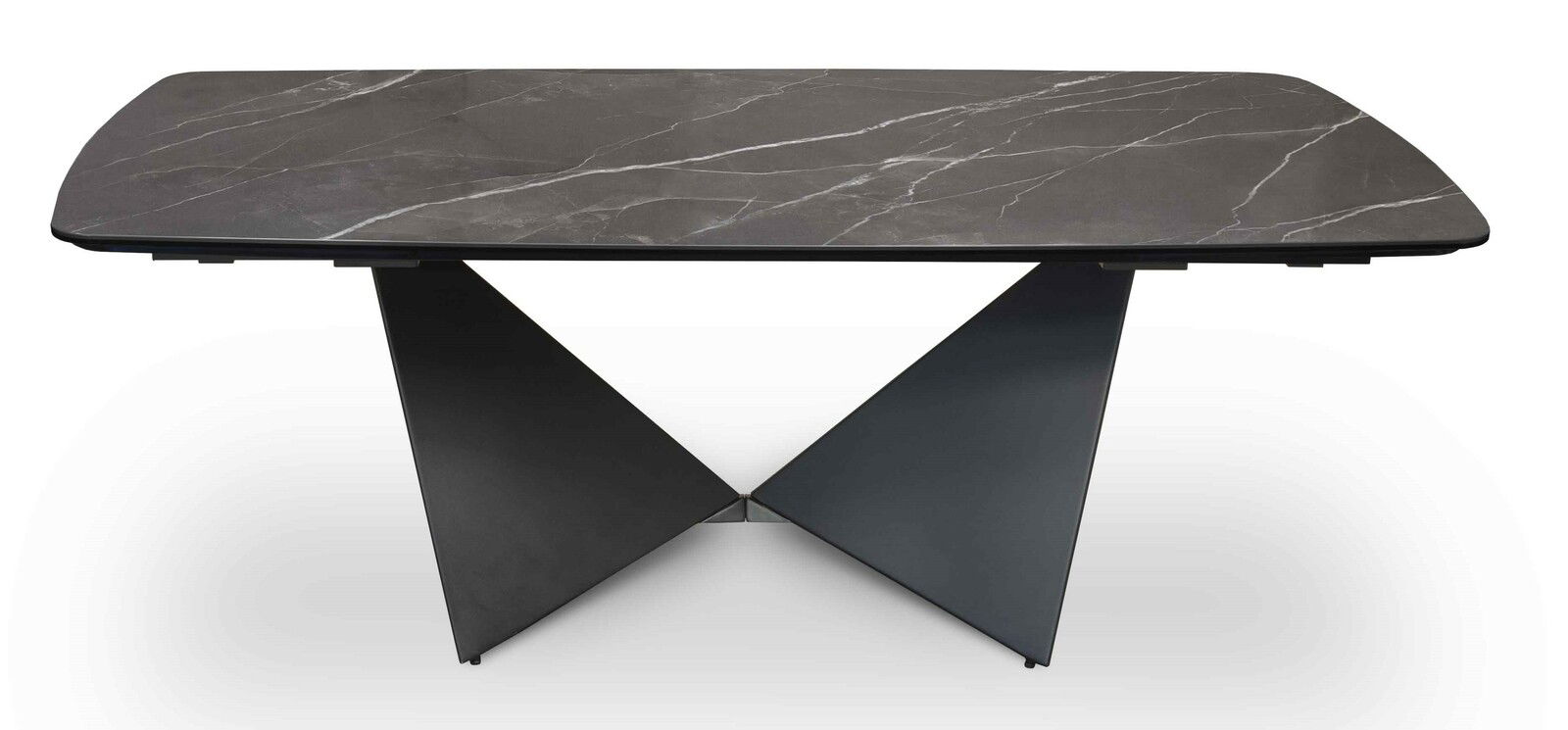 Moderner Esstisch mit dunkler Marmorplatte und geometrischem Metallgestell, seitliche Perspektive.