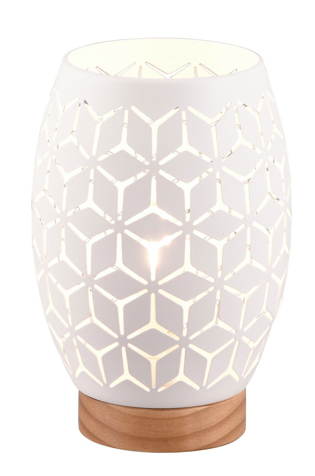 Moderne Tischleuchte mit geometrischem Muster und Holzsockel, seitliche Perspektive