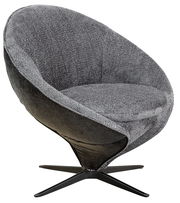 Grauer, moderner Sessel mit runder Form und schwarzem Drehfuß, seitliche Perspektive