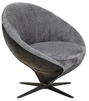 Grijze, moderne fauteuil met ronde vorm en zwarte draaivoet, zijaanzicht