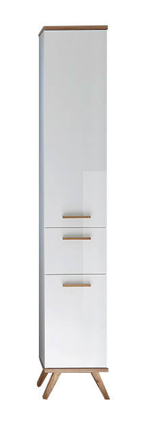 XORA Hochschrank NOVENTA Moderner weißer Hochschrank mit Holzdetails, frontal abgebildet.