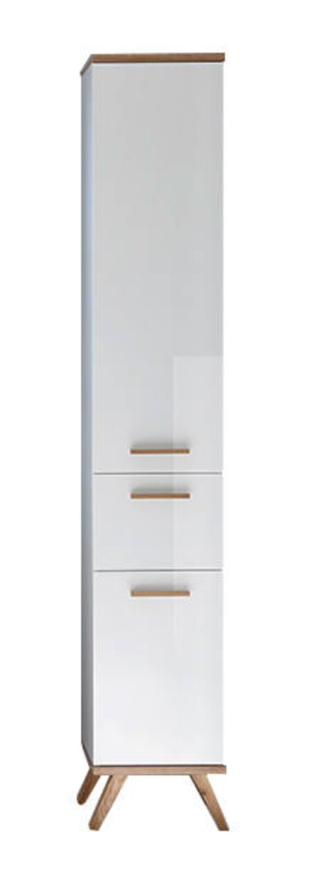Moderner weißer Hochschrank mit Holzdetails, frontal abgebildet.