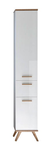 Moderne witte hoge kast met houten details, afgebeeld van voren.