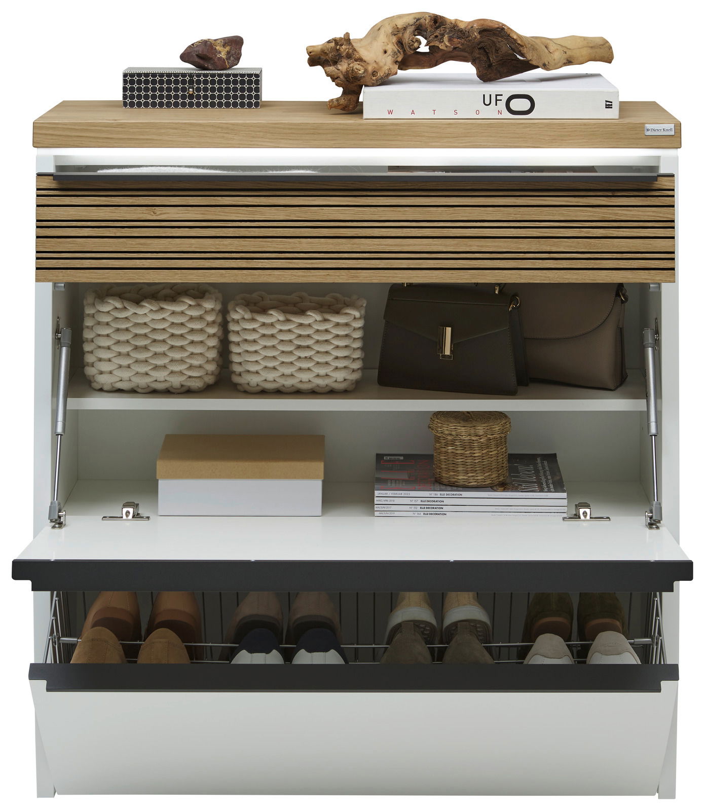 Hängeschuhschrank mit LED-Beleuchtung, frontal fotografiert, zeigt offene Fächer mit Schuhen, Körben und Dekorationen auf der Oberseite.