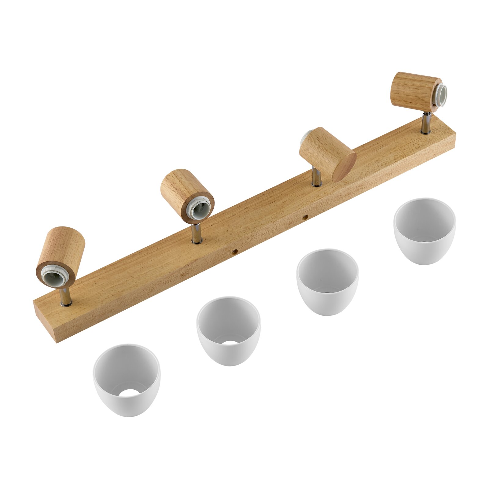 Deckenstrahler aus Holz mit vier verstellbaren Spots und weißen Lampenschirmen, Perspektive von oben.