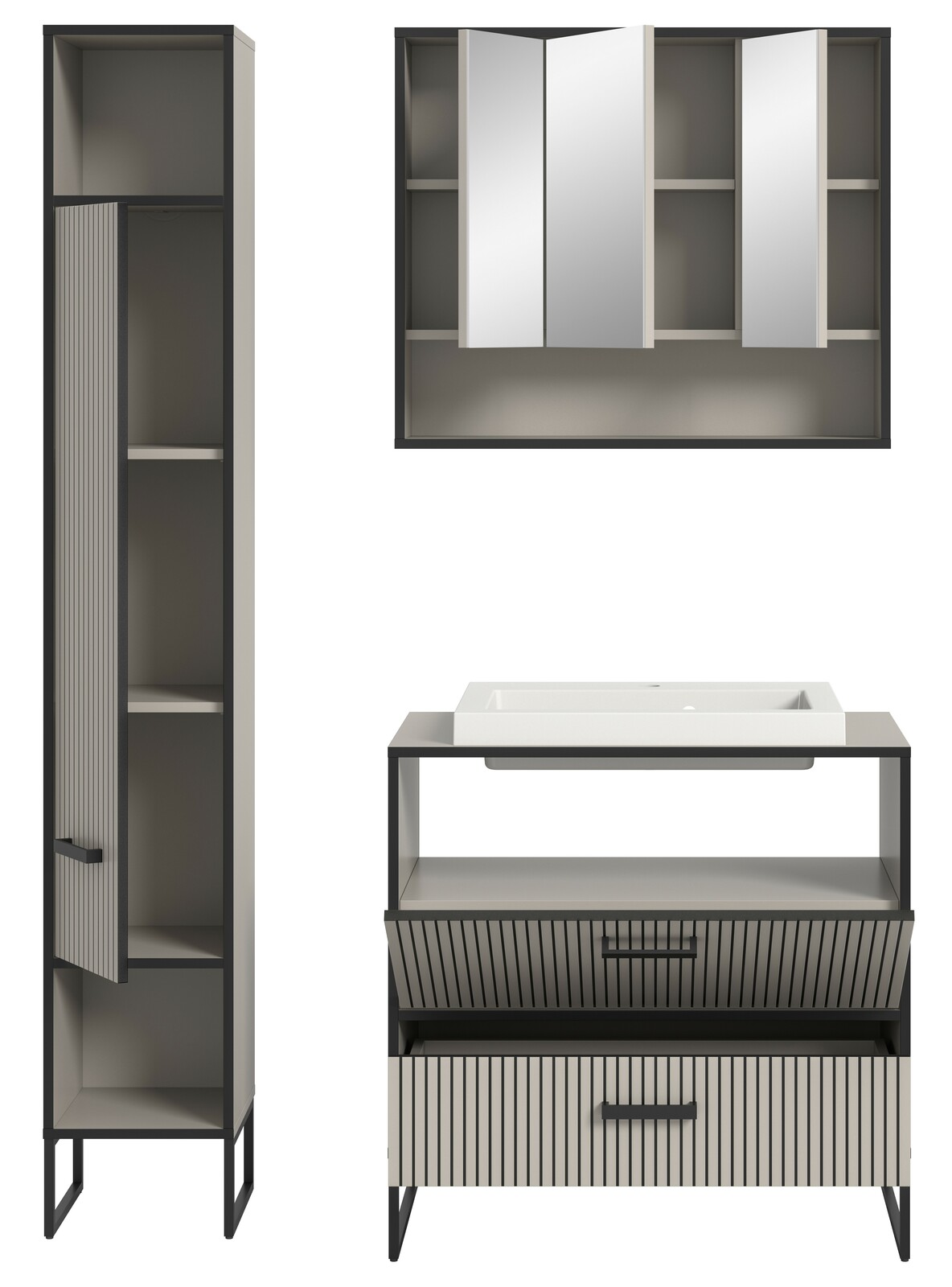 Moderne Badkombination mit Hochschrank, Spiegelschrank und Waschtisch in Frontansicht