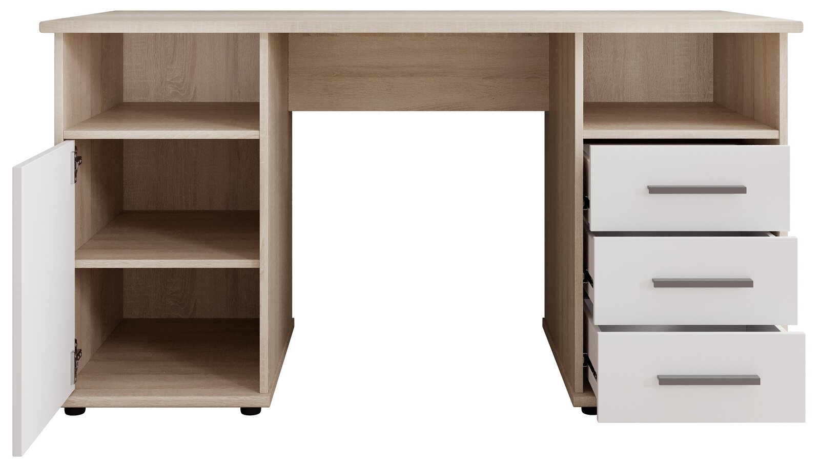 Schreibtisch aus Holz mit offenen Schubladen und Türen, Frontalansicht