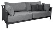 Graues Loungesofa 2-Sitzer mit zwei großen Sitzkissen und drei Rückenkissen, seitliche Perspektive