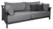 Graues Loungesofa 2-Sitzer mit zwei großen Sitzkissen und drei Rückenkissen, seitliche Perspektive