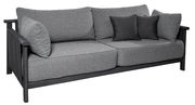 Graues Loungesofa 2-Sitzer mit zwei großen Sitzkissen und drei Rückenkissen, seitliche Perspektive