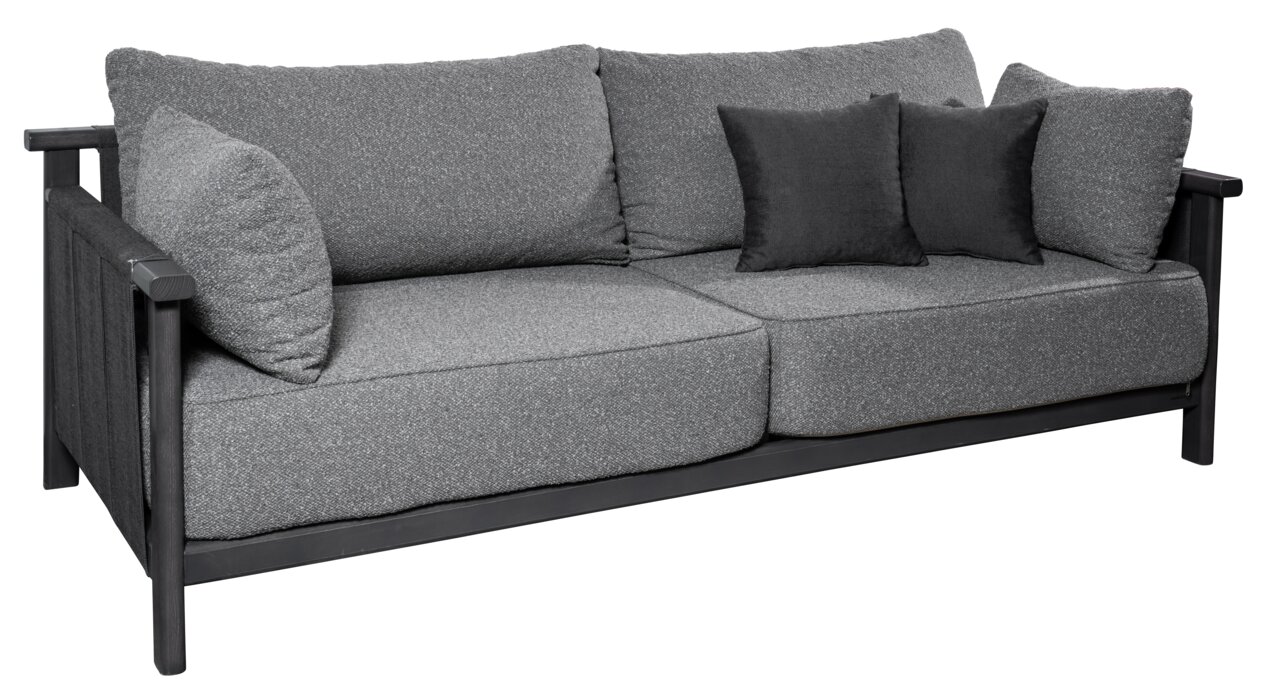 Graues Loungesofa 2-Sitzer mit zwei großen Sitzkissen und drei Rückenkissen, seitliche Perspektive