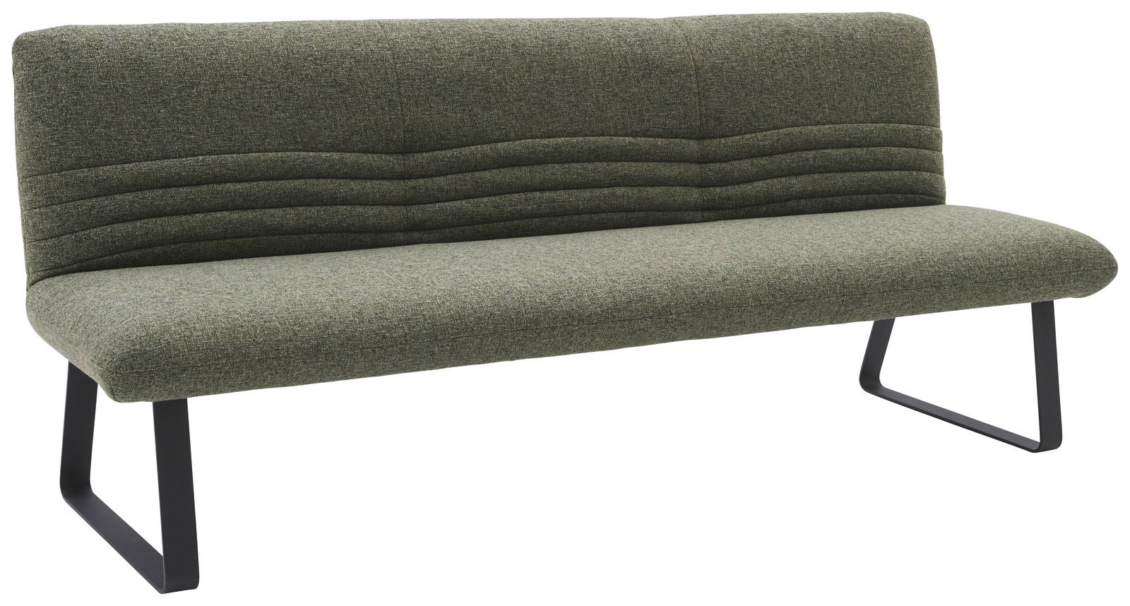 Grüne Sitzbank mit gepolsterter Rückenlehne und Metallbeinen, seitliche Perspektive