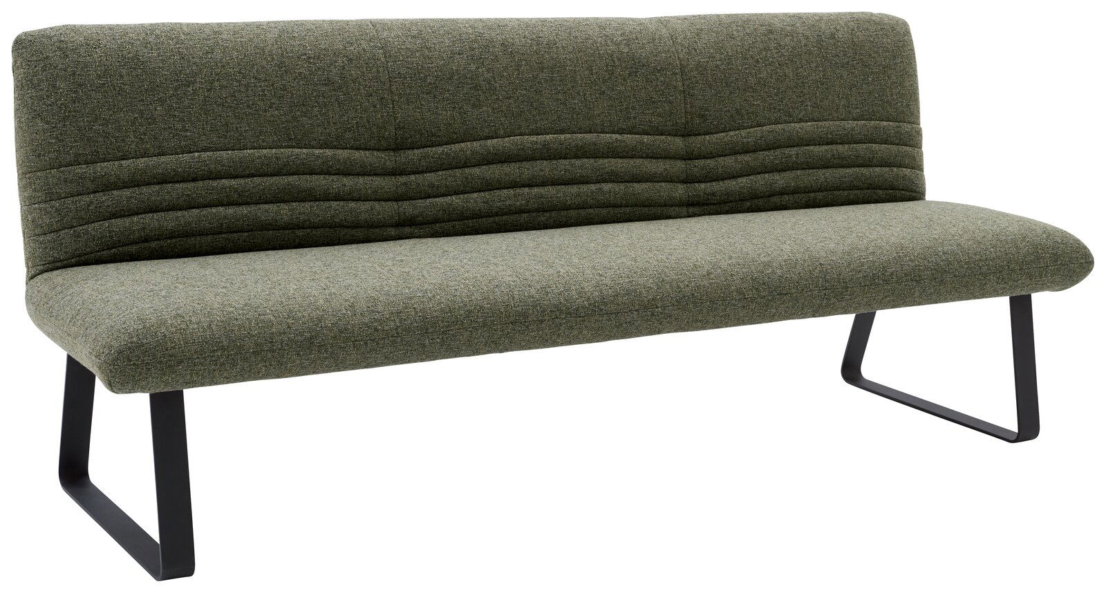 Grüne Sitzbank mit gepolsterter Rückenlehne und Metallbeinen, seitliche Perspektive