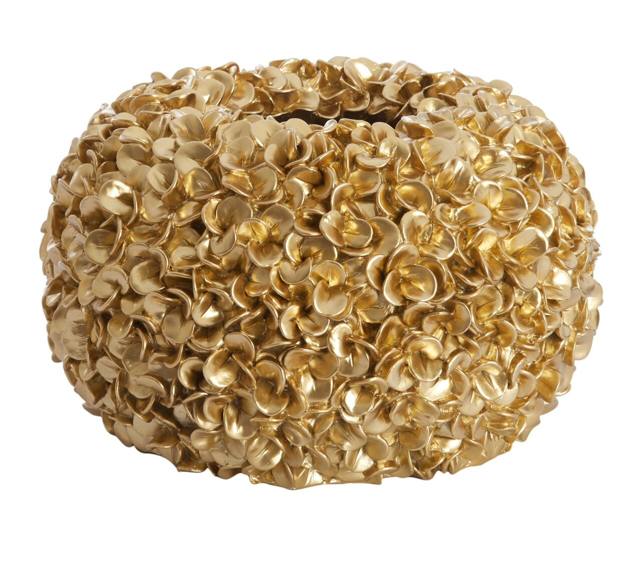 Goldene Vase mit blütenartiger Struktur, seitliche Perspektive