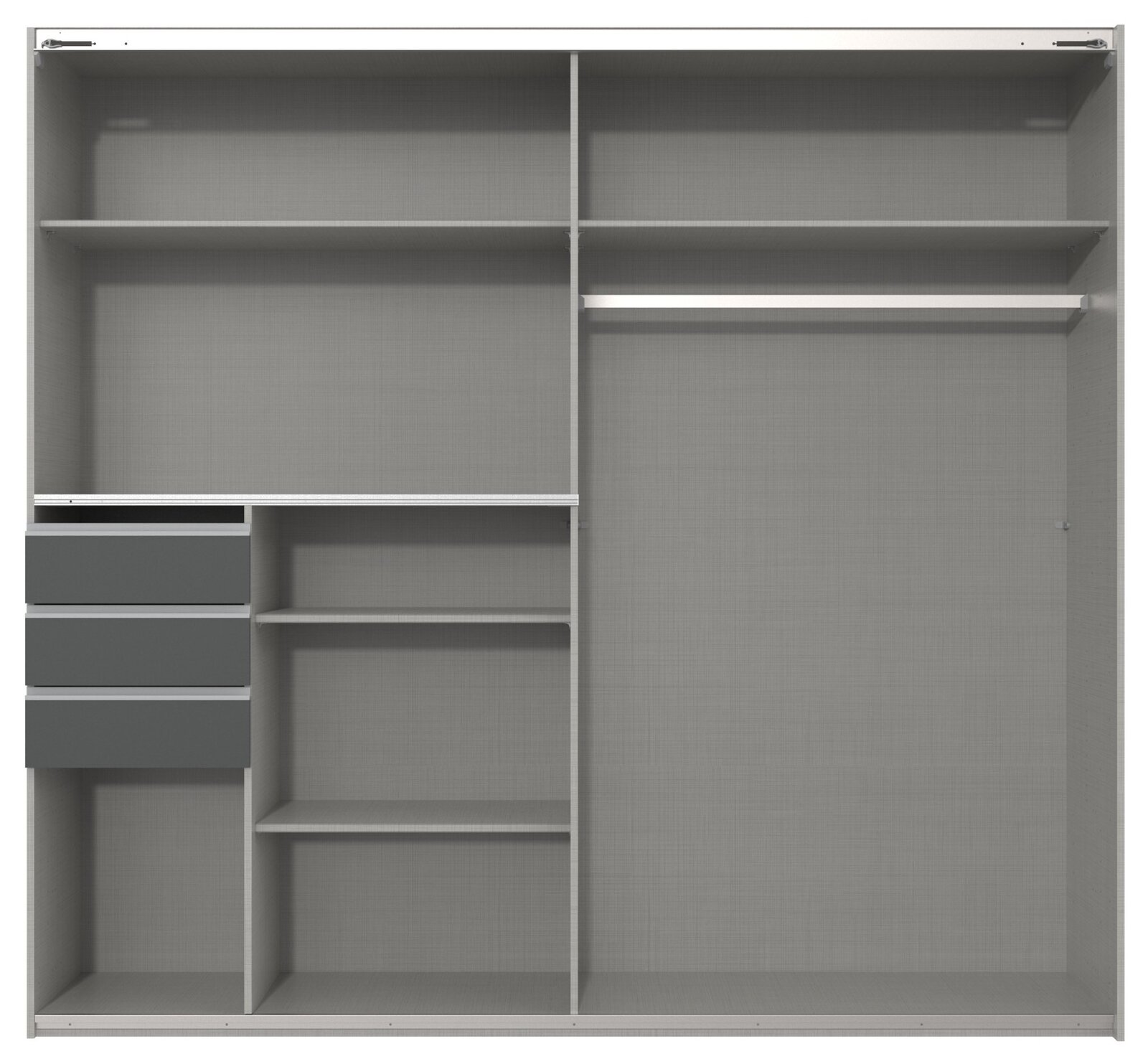 Innenansicht eines zweitürigen Schwebetürenschranks mit mehreren Regalböden, Schubladen und einer Kleiderstange, frontal betrachtet.