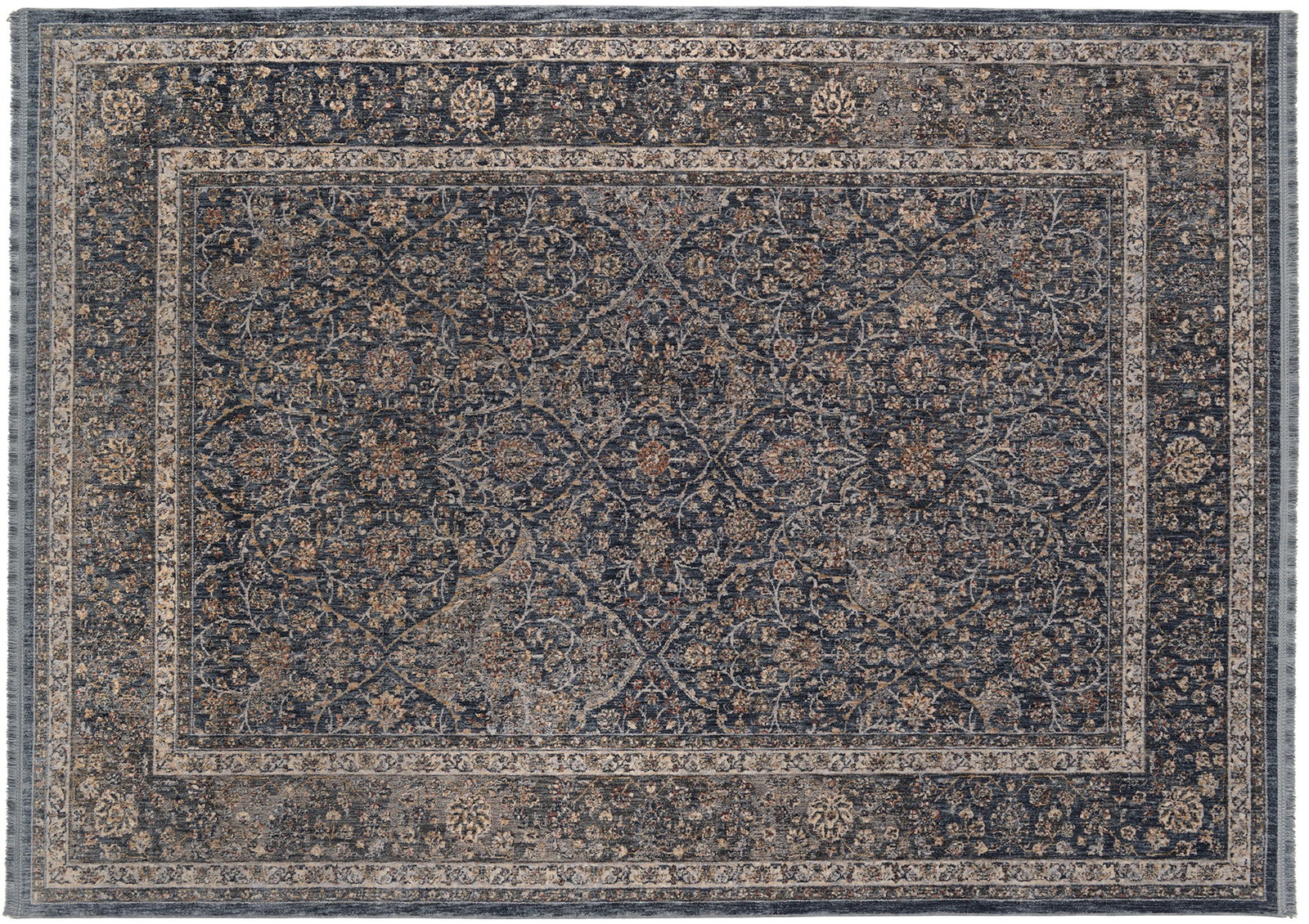 Frisé-Teppich mit orientalischem Muster in dunklen Tönen, Draufsicht