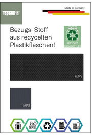 Stoffmuster aus recycelten Plastikflaschen für Bürostühle, Perspektive von oben, mit Recycling-Symbolen und 'Made in Germany' Hinweis.