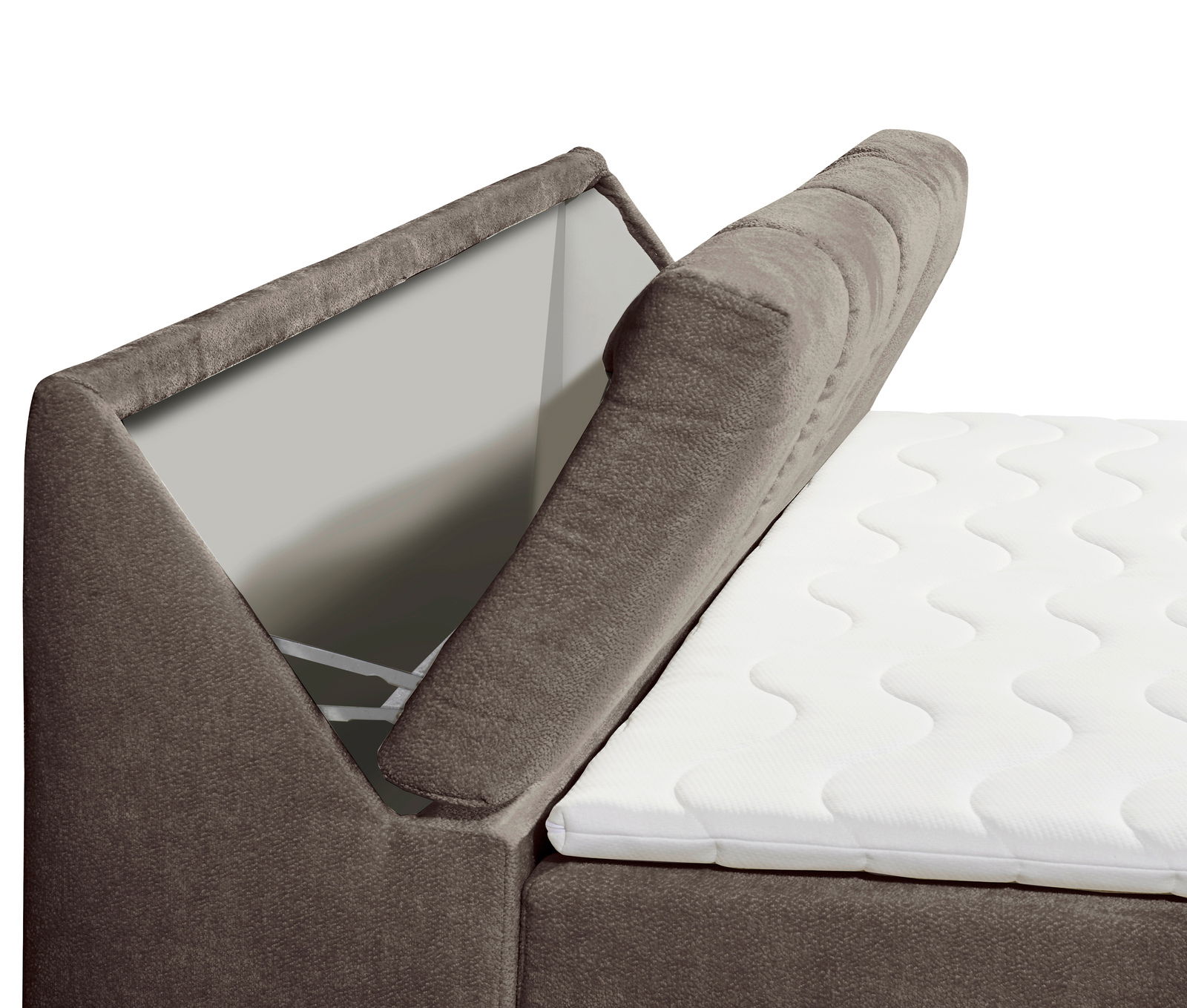 Nahaufnahme eines Boxspringbetts mit geöffnetem Stauraum und gepolstertem Kopfteil, seitliche Perspektive