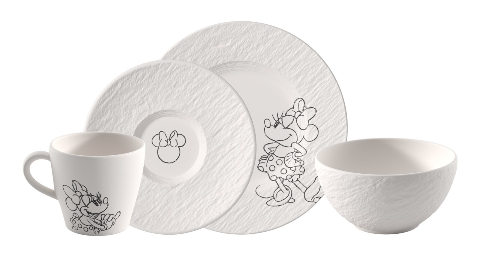 Weißes Geschirrset mit Tasse, Schale und zwei Tellern mit Minnie-Maus-Motiv, frontale Ansicht in leichter Schrägperspektive