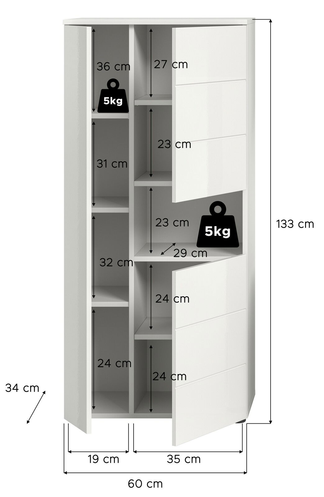 Weißer Standschrank mit mehreren Fächern und offenen Türen, Abmessungen 133 cm hoch, 60 cm breit, 34 cm tief, Vorderansicht