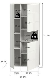 Weißer Standschrank mit mehreren Fächern und offenen Türen, Abmessungen 133 cm hoch, 60 cm breit, 34 cm tief, Vorderansicht