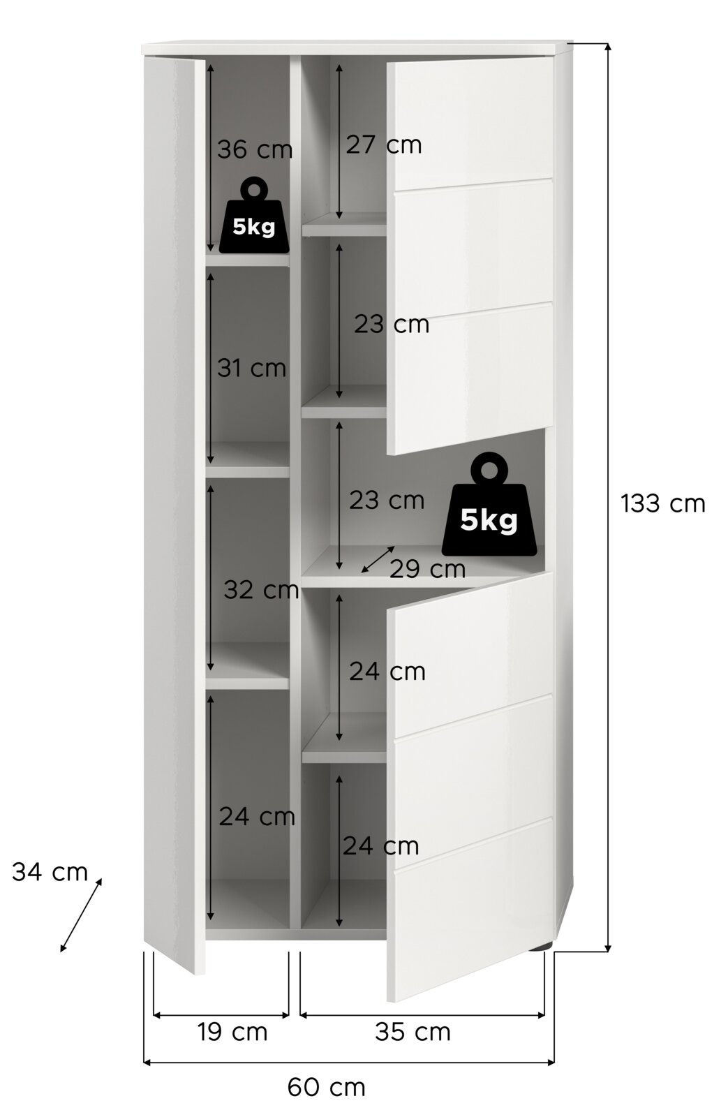 Weißer Standschrank mit mehreren Fächern und offenen Türen, Abmessungen 133 cm hoch, 60 cm breit, 34 cm tief, Vorderansicht