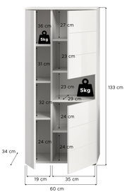 Weißer Standschrank mit mehreren Fächern und offenen Türen, Abmessungen 133 cm hoch, 60 cm breit, 34 cm tief, Vorderansicht