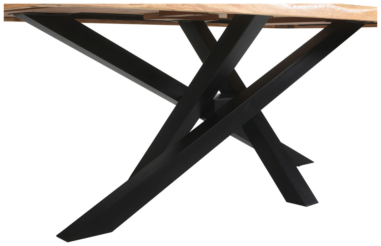 Landscape Esstisch DOMINO Nahaufnahme der Tischbeine eines Esstisches mit schwarzem Metallgestell in X-Form, seitliche Perspektive